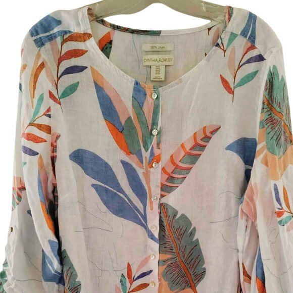 Flowy Lightweight Linen White Tropical Print Tunic Top Blouse | Cynthia Rowley - Picture 6 of 11